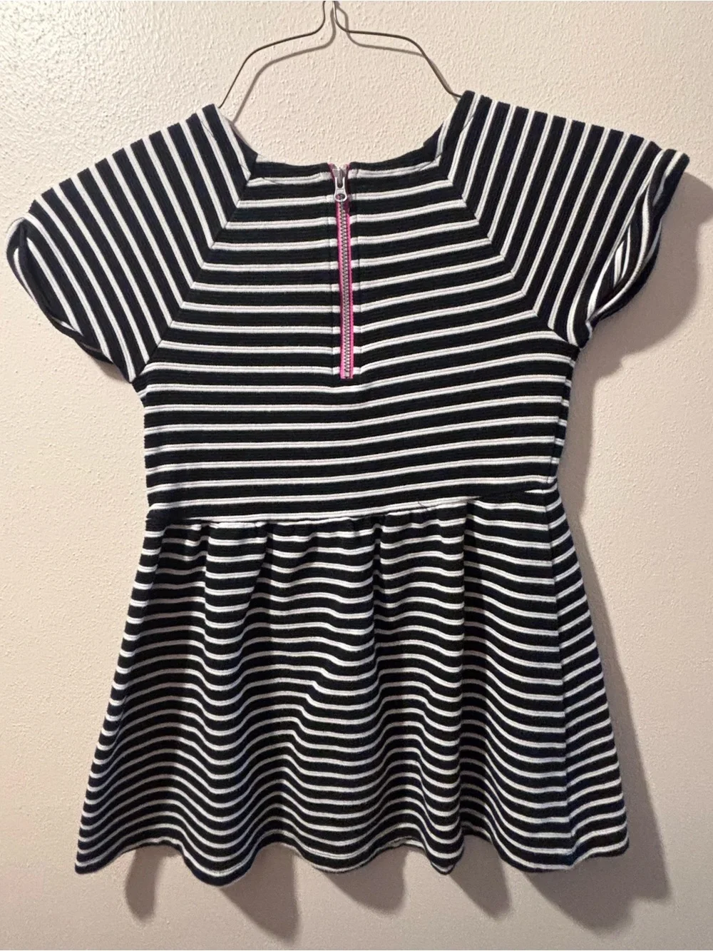 Gymboree Girls Size 7 Black/White Striped Knit Dress Pink Back Zip
